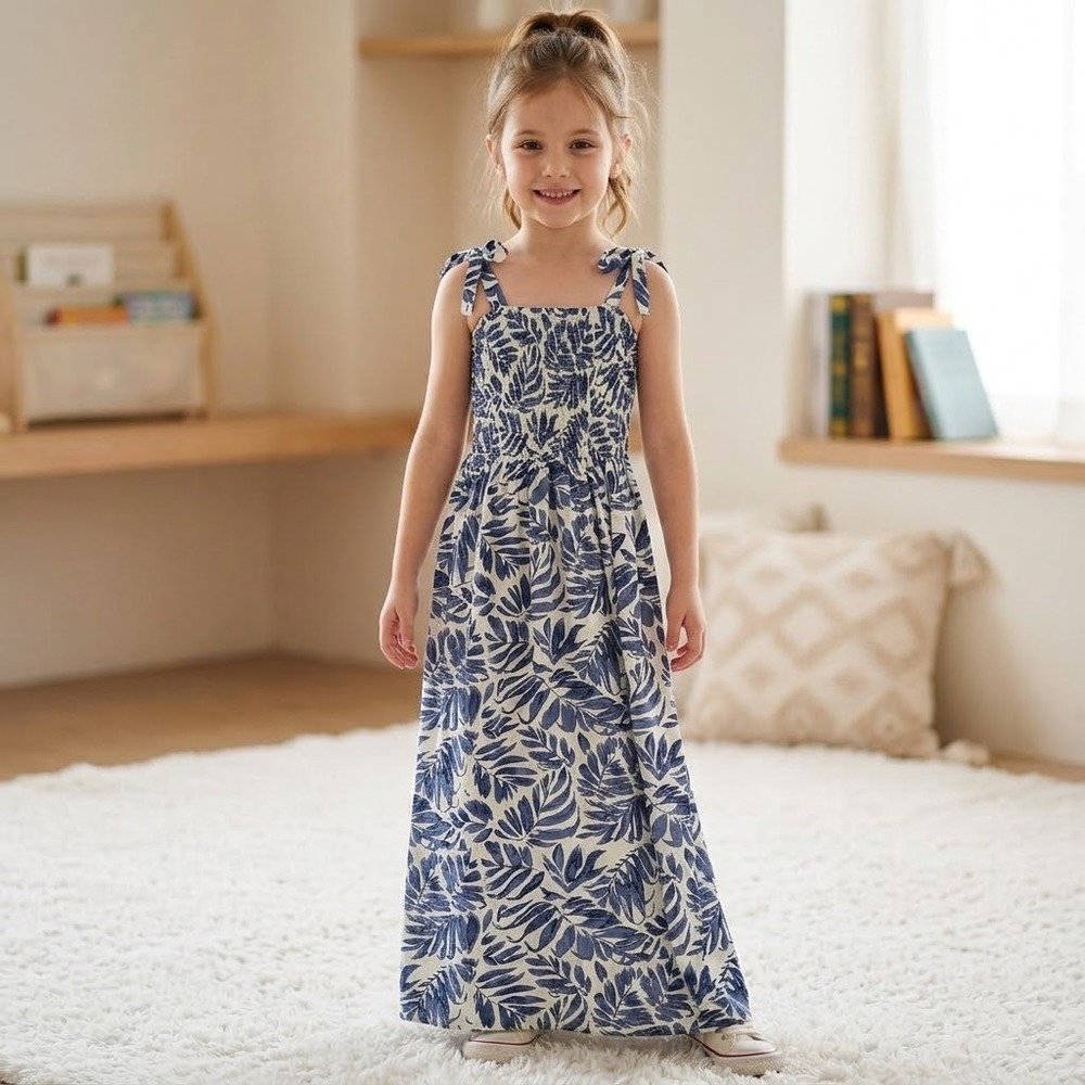 Girls Blue Tropical Leaf Print Smocked Maxi Dress Tie Strap Summer Beach